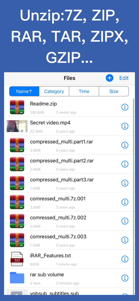 iRAR - zip,rar,7z file opener - Interfaccia dell'app iRAR che mostra un elenco di file compressi, inclusi i formati ZIP e RAR, pronti per l'estrazione
