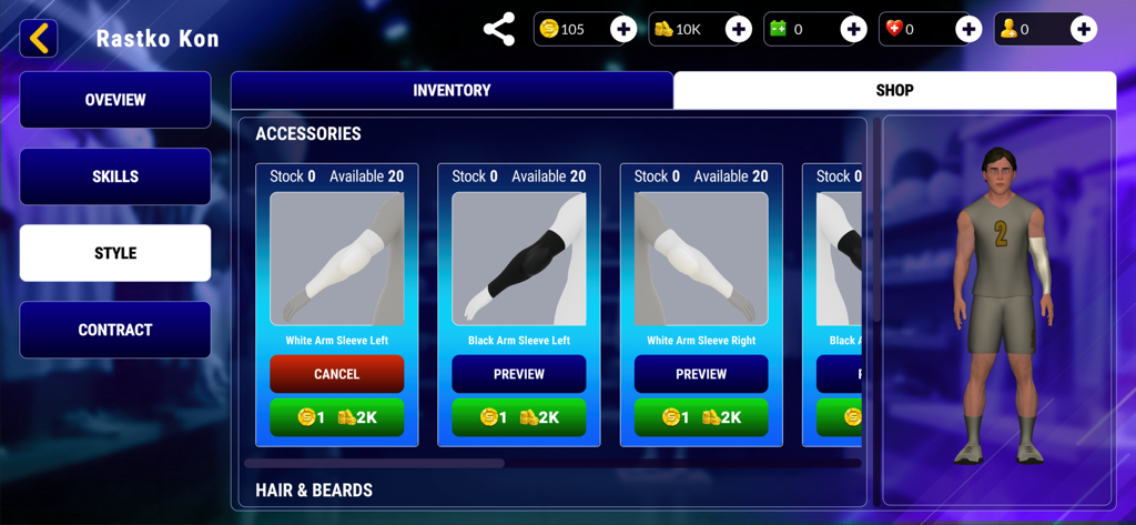 Spike Masters 3D Volleyball - Player customization menu in Spike Masters 3D Volleyball showing accessory options for arm sleeves