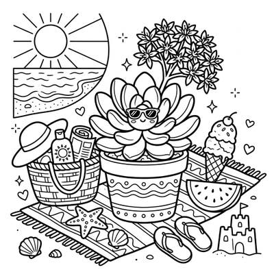 Embark on a creative summer adventure with this charming coloring page featuring a cool sedum succulent enjoying its beach vacation. Filled with delightful elements like ice cream, sandcastles, and sunny vibes, it's perfect for a relaxing escape.