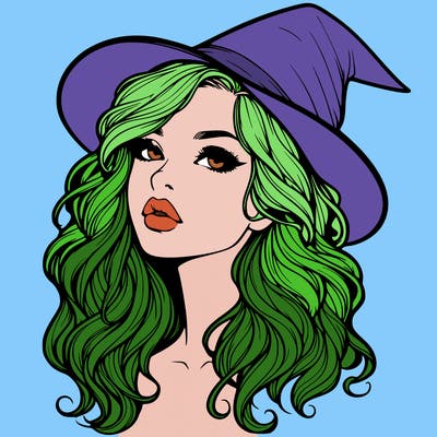 realistic witch girl with wavy hair and lips