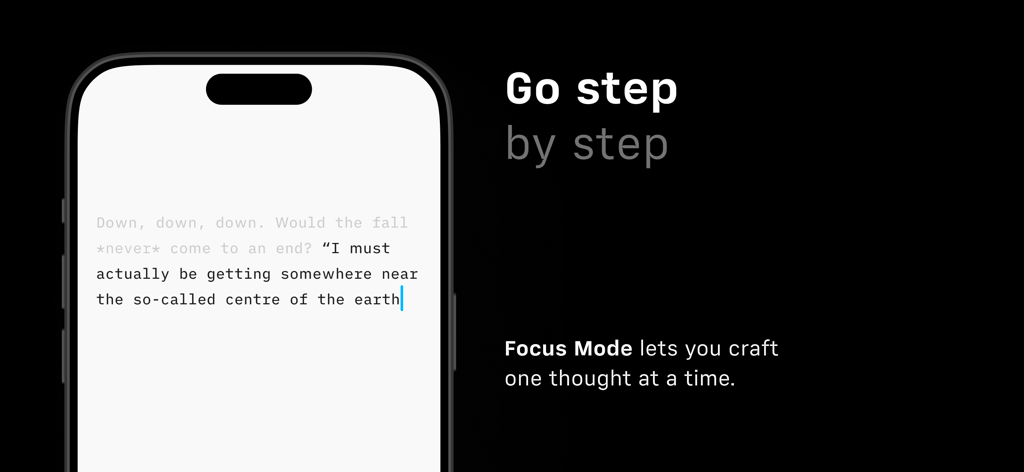 iA Writer - Uma tela de smartphone exibindo o modo foco do iA Writer, que destaca uma única frase enquanto escurece outras.