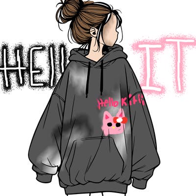 realistic girl with a oversized sweatshirt on and a bun