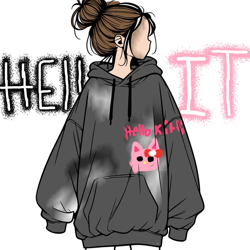 realistic girl with a oversized sweatshirt on and a bun