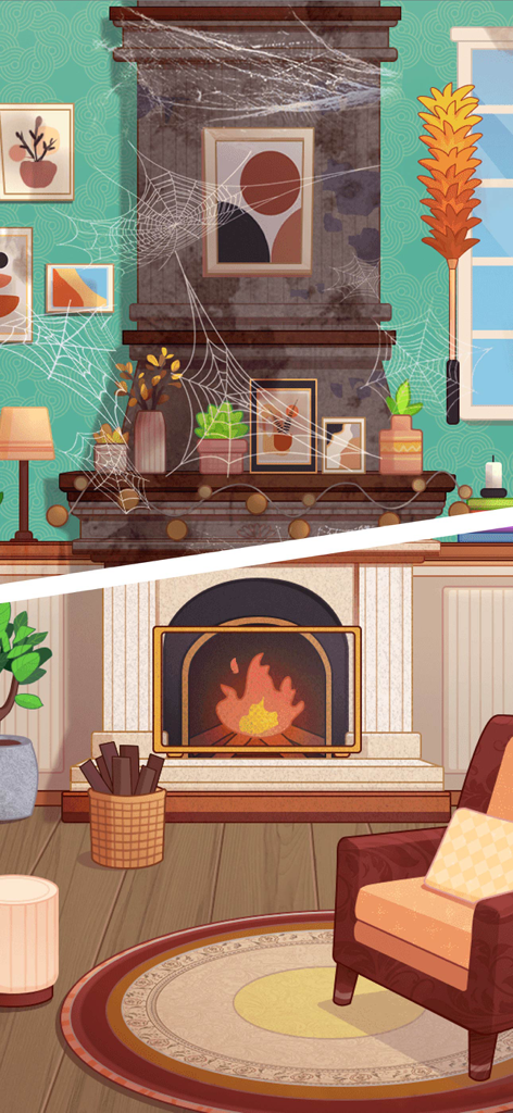 Tidy Beauty - ASMR Master - Before and after comparison of a dusty fireplace being cleaned and decorated in a lifestyle game