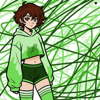 femboy with short hair wearing thigh highs and baggy crop top