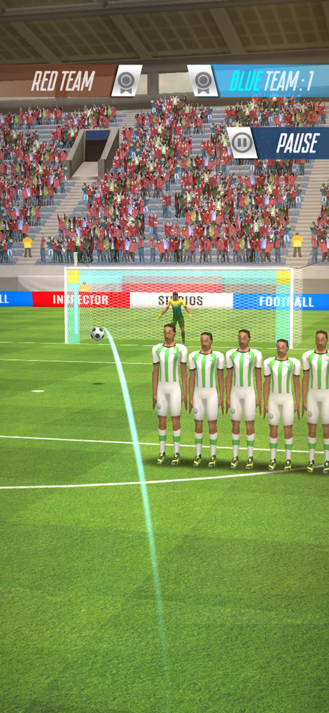 Strike Football Game FreeKick - Curved free kick shot over a defensive wall in a soccer game stadium