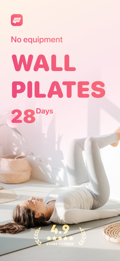 Wall Pilates at Home: FitPulse - Una donna pratica Pilates a muro su un tappetino per una sfida di fitness casalinga di ventotto giorni