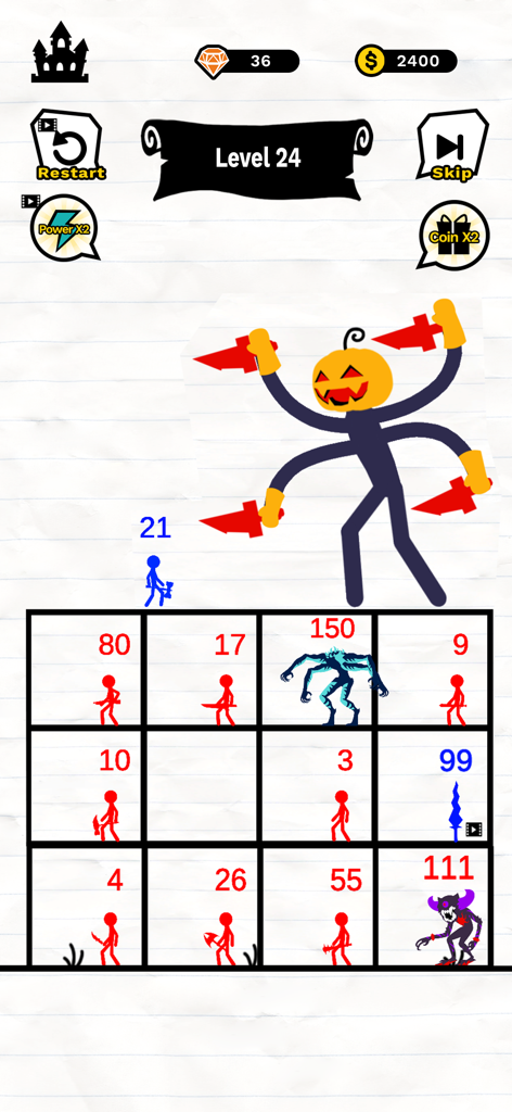 Stick Battle: Mighty Tower War - Stickman hero level 21 facing a giant pumpkin head boss and various red enemies in a tower grid puzzle level.