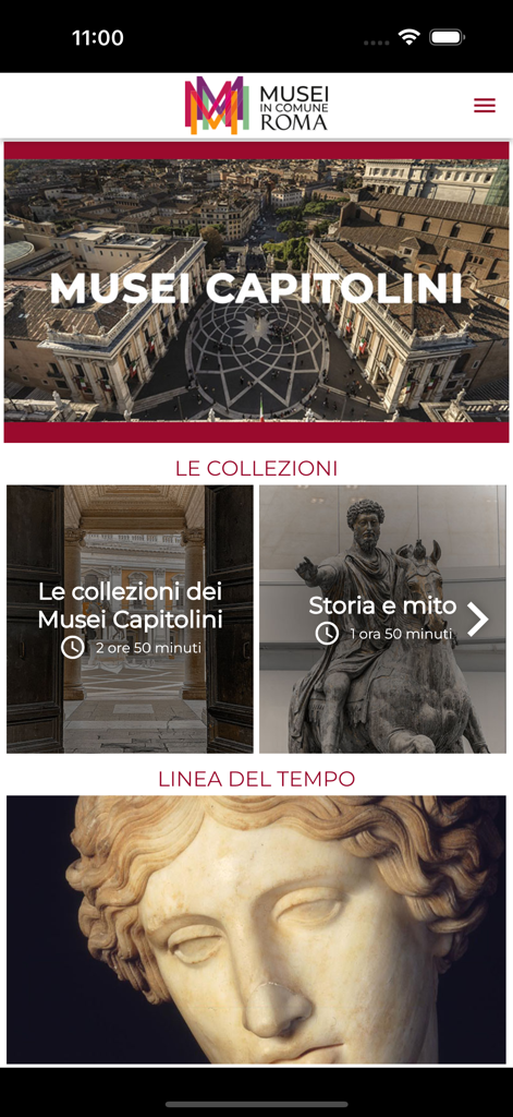 Musei Capitolini Roma - Home screen of the Musei Capitolini Roma app displaying museum collections and tour durations