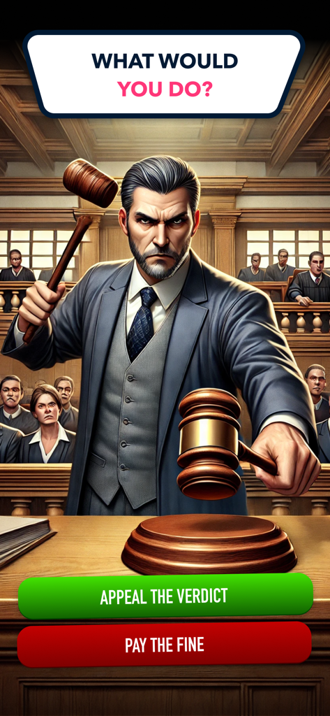 A legal dilemma in Billionaire Money and Power game where players choose to appeal a verdict or pay a fine.