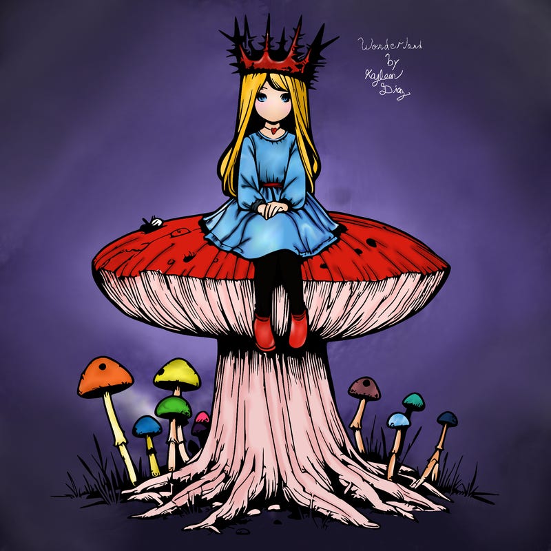 realistic girl sitting on a huge tree stump size toadstool with thorn crown