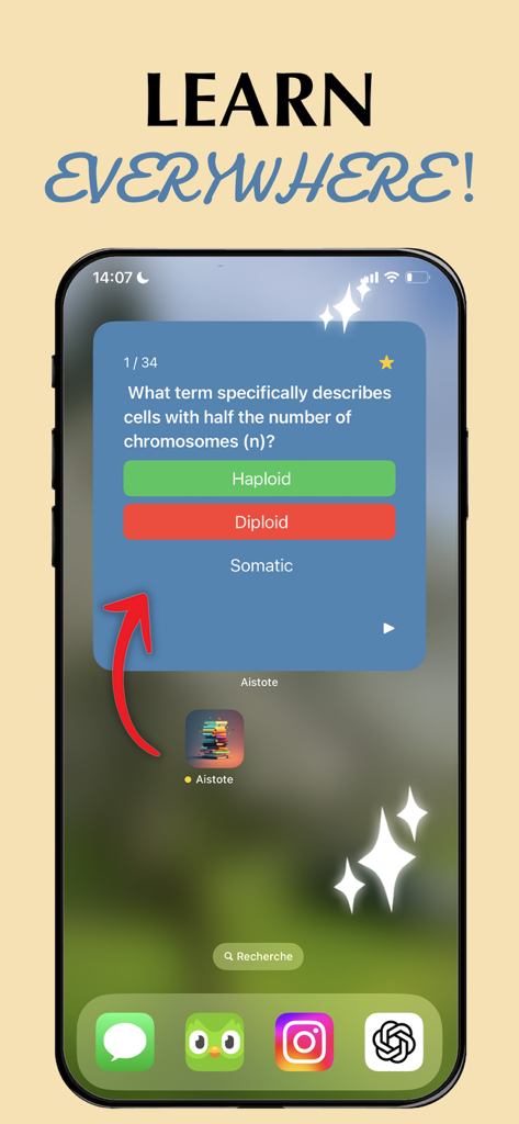 A smartphone screen showcasing the Aistote AI quiz widget with a biology question and multiple choice answers.