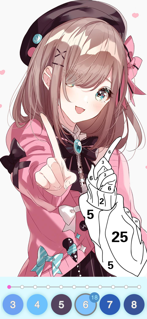 Anime Color - Paint by Number - Pantalla digital de pintura por número que muestra a una linda chica anime siendo coloreada con secciones numeradas.