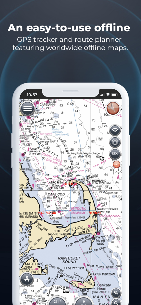 iPhone-Bildschirm mit der Marine Navigation App und Offline-Seekarten von Cape Cod
