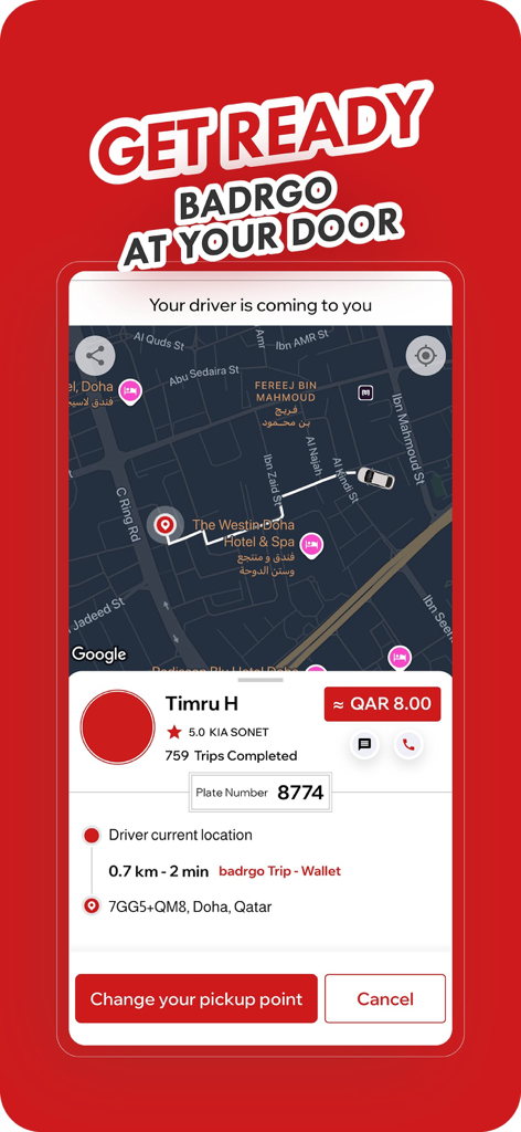 badrgo - Your way to go - Una captura de pantalla de la aplicación badrgo que muestra un mapa con un conductor que se acerca al lugar de recogida y información detallada del conductor