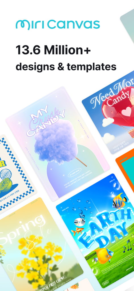 MiriCanvas: Poster, PPT design - MiriCanvas app interface showcasing a collection of trendy graphic design templates and posters