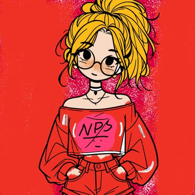 girl with a messy ponytail glasses a baggy crop top and jean shorts