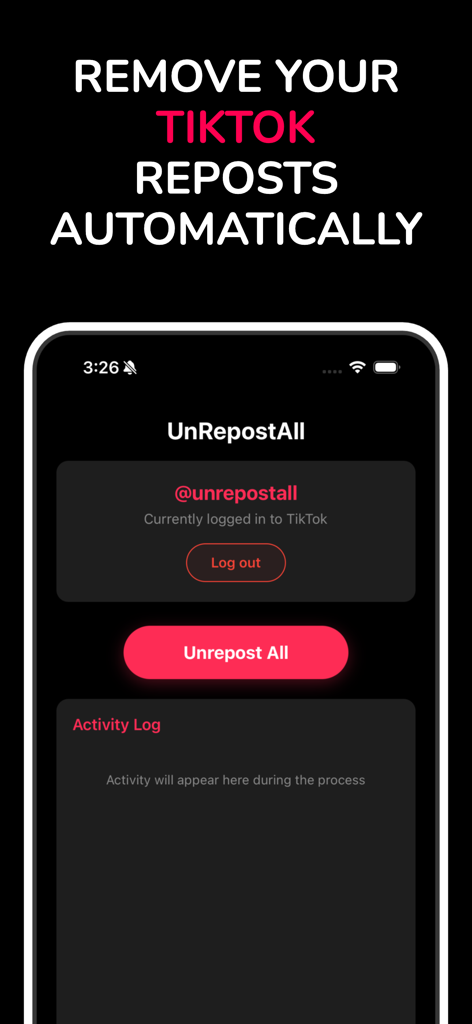 Tableau de bord de l'application mobile UnRepostAll montrant le bouton Unrepost All et l'état de la connexion au compte TikTok