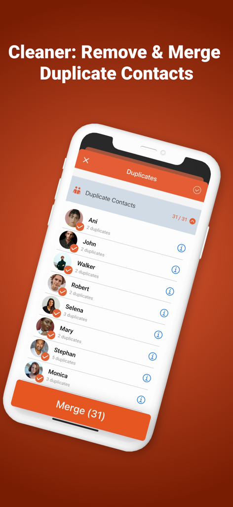 Easy Cleaner. - Capture d'écran de l'application Easy Cleaner montrant une liste de contacts en double et un bouton pour les fusionner.