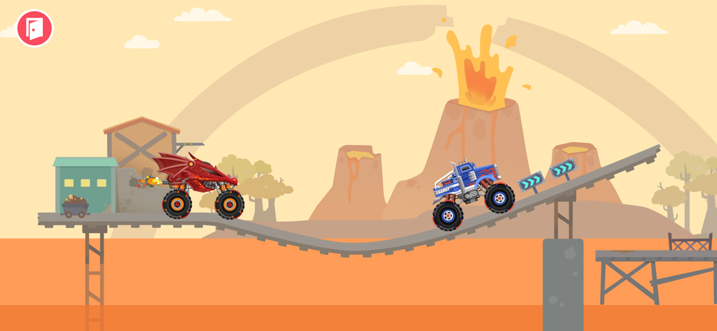 Monster Truck Games for kids - A red dragon monster truck and a blue truck racing on a bumpy track with a volcano background