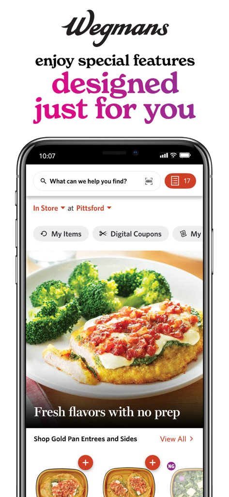 Wegmans - The Wegmans mobile app home screen showing digital coupons and fresh meal options
