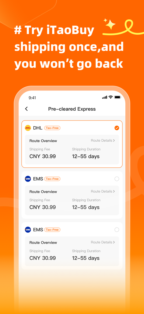 iTaoBuy - iTaoBuy mobile app screen showing international shipping options like DHL and EMS with tax free labels and shipping costs