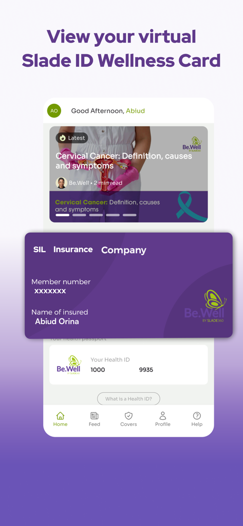 Be.Well by Slade360° - Aplicación Be.Well de Slade360 mostrando una tarjeta de bienestar virtual y detalles del seguro médico