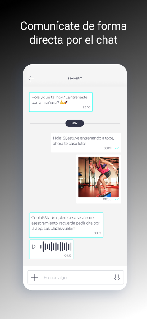 MAMIfit - Direct chat interface in the MAMIfit app for communicating with a fitness coach.