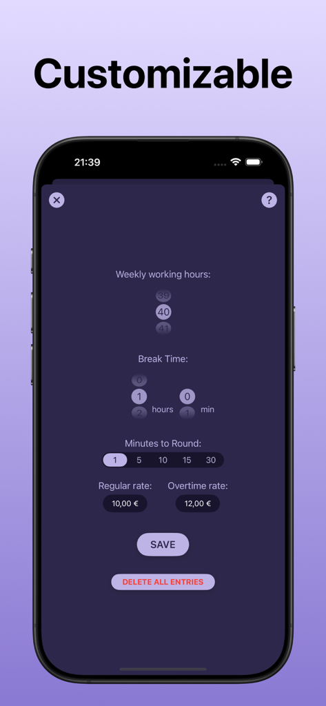Shift Tracker: Work Hours Log - Customizable settings screen in Shift Tracker app showing options for weekly hours, break time, and pay rates