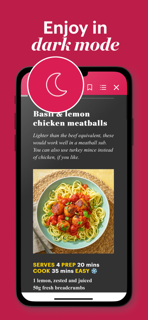 Écran de smartphone affichant l'application Good Food Magazine en mode sombre avec une recette de boulettes de poulet.