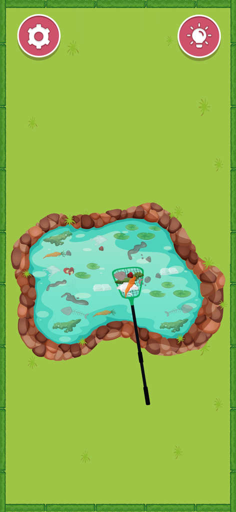 Satisfy Perfect Tidy Satisroom - Un nivel de minijuego en Satisroom donde se usa una red para recoger basura y escombros de un pequeño estanque.