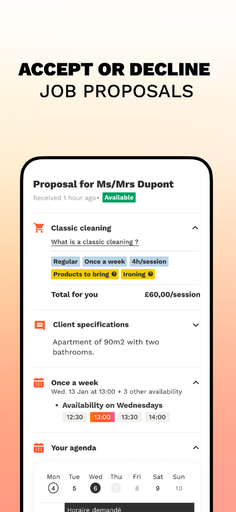 Self-employed jobs Wecasa Pro - Wecasa Pro app interface showing a cleaning job proposal with service details and session price