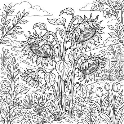 Discover the beauty of nature's transformation with this unique coloring page featuring wilting sunflowers amidst a fresh spring landscape. Explore the intricate details of fading blooms and new growth, inviting a thoughtful and creative coloring experience.