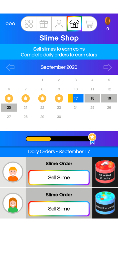 Virtual Slime - Interfaz de la Tienda de Slime en la aplicación Slime Virtual mostrando un calendario de progreso y pedidos diarios de clientes de slimes que brillan en la oscuridad.