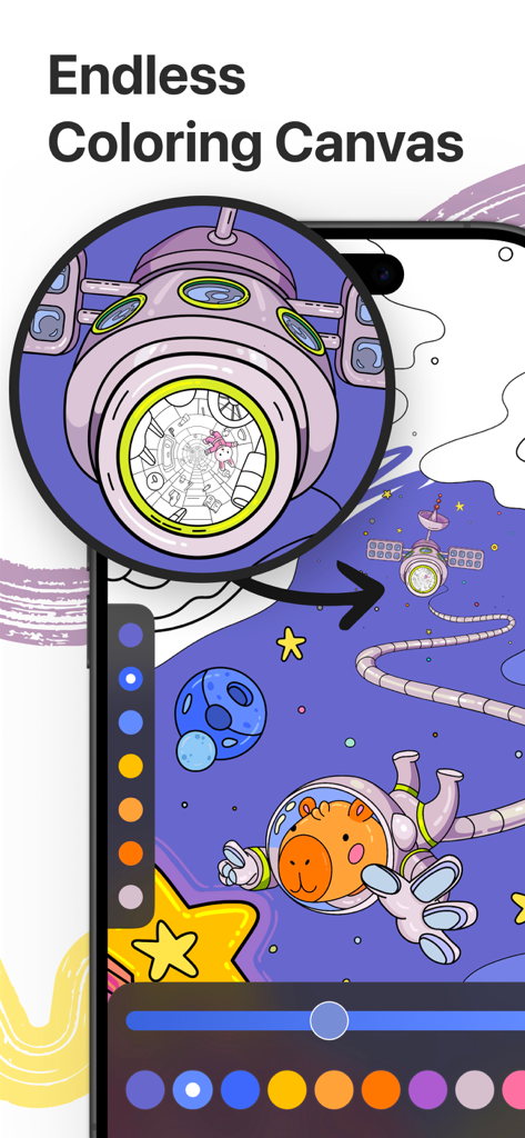 Infinity Coloring Book: Infini - カピバラの宇宙飛行士を示す、無限ズーム機能を備えた宇宙をテーマにしたデジタル塗り絵。
