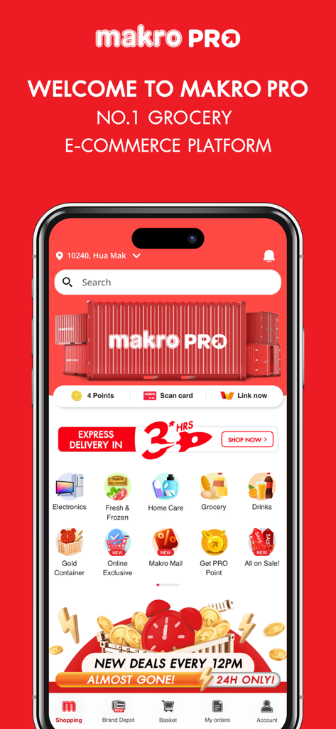Schermata principale dell'app Makro PRO con varie categorie di acquisto e opzioni di consegna espressa
