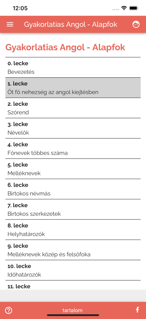 Gyakorlatias Angolアプリ画面、ハンガリー語話者向けの初級レベル英語レッスンリストを表示