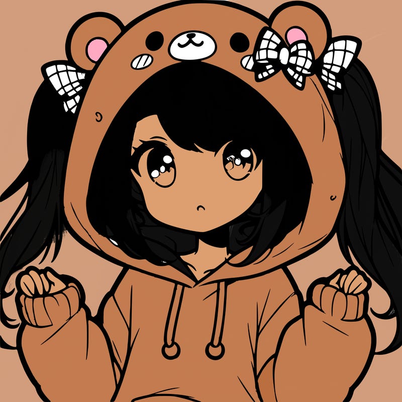 cute anime girl with ponytails and a cute bear hoodie