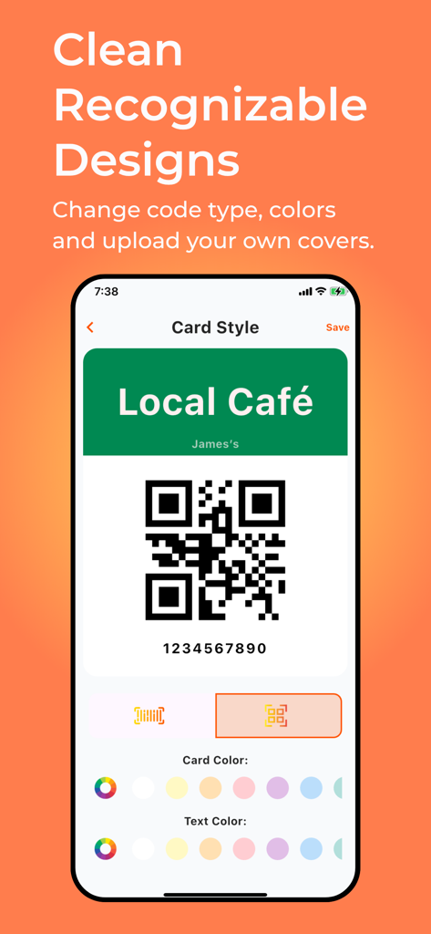 Store Card - All in One App - Interface for customizing digital loyalty card designs with color and code options in Store Card app