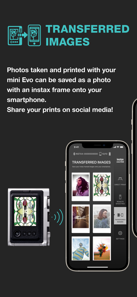 Écran de smartphone montrant la fonction de l'application instax mini Evo pour sauvegarder les photos imprimées avec des cadres numériques.