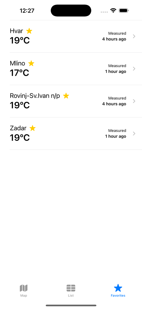 Swim - Sea & lake temperatures - List of favorite locations showing water temperatures for Hvar, Mlino, Rovinj, and Zadar in the Swim app.