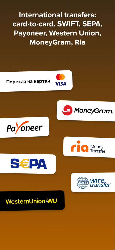 monobank: first digital bank - Interfaccia dell'app mobile Monobank che mostra partner per trasferimenti internazionali come SWIFT, SEPA e Payoneer