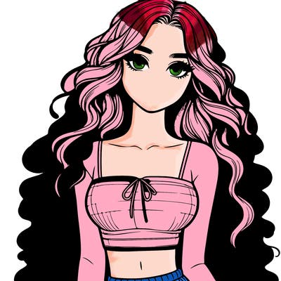 realistic girl with long curly hair and a crop top