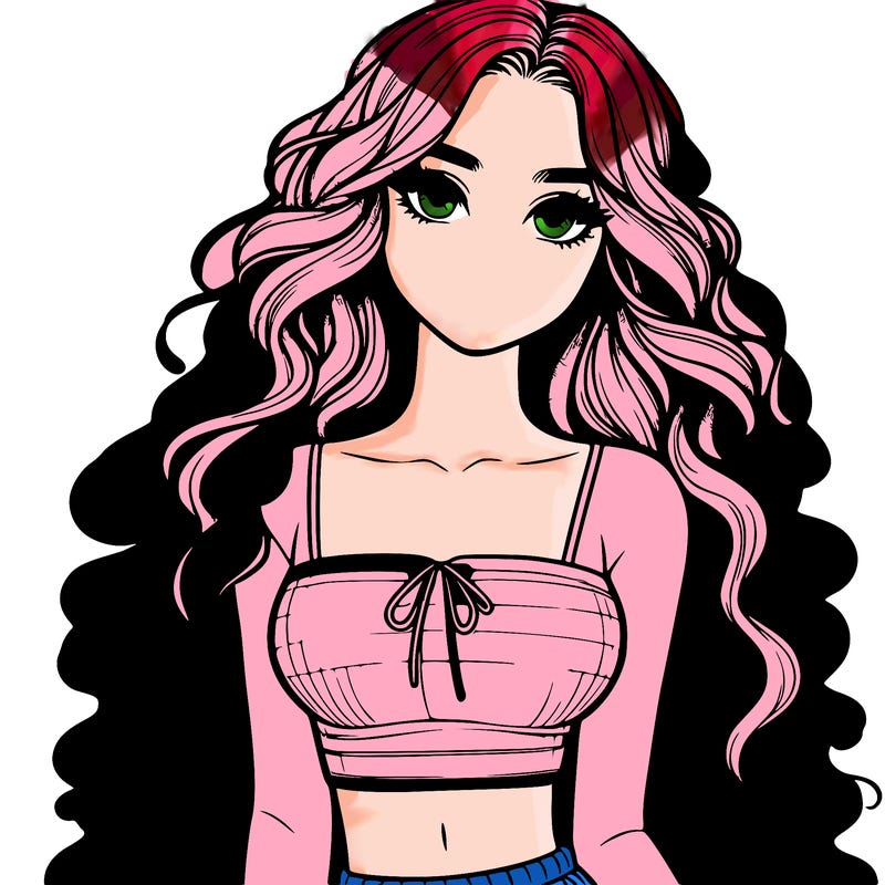 realistic girl with long curly hair and a crop top
