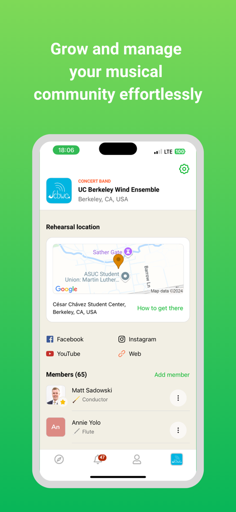 Glissandoo - Glissandoo app interface showing musical ensemble management with rehearsal location map and member list