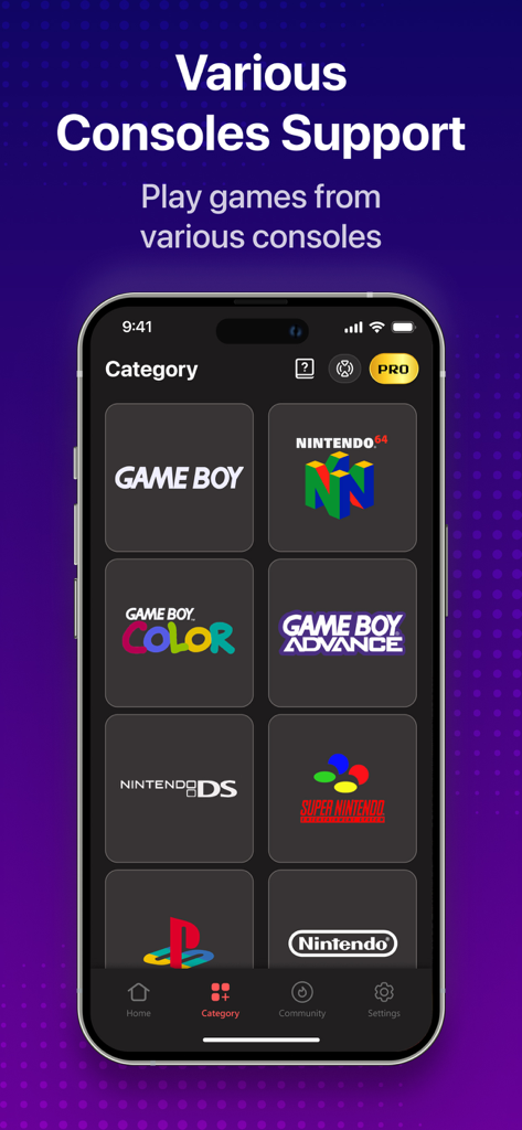 GBA, PSP, DS Game Emulator - Una lista de consolas retro compatibles que incluyen Game Boy y Nintendo 64 en la interfaz de la aplicación emuladora
