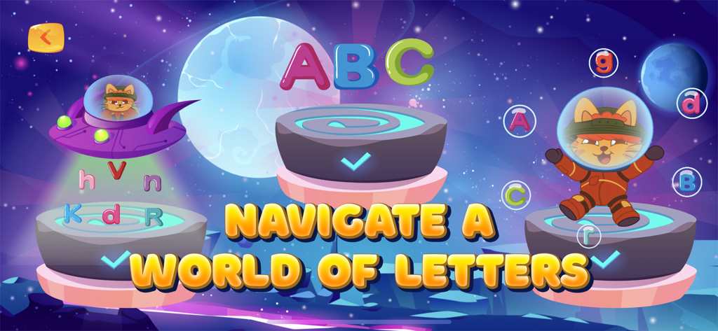 ABC learning games for kids 2+ - Pantalla de aplicación de aprendizaje para niños pequeños con gatos en el espacio navegando por letras del abecedario