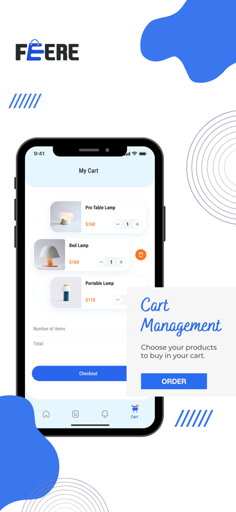 Feere mobile app shopping cart interface showing lamps with quantity controls and a checkout button