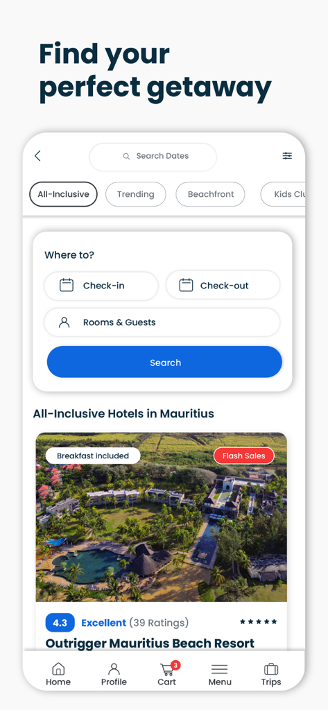 MariDeal app interface showing hotel search filters and flash sales for luxury resorts in Mauritius
