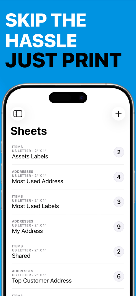 Bildschirm der Label Maker App, der eine Liste von Geschäftsetikettenblättern für Vermögenswerte und Adressen anzeigt